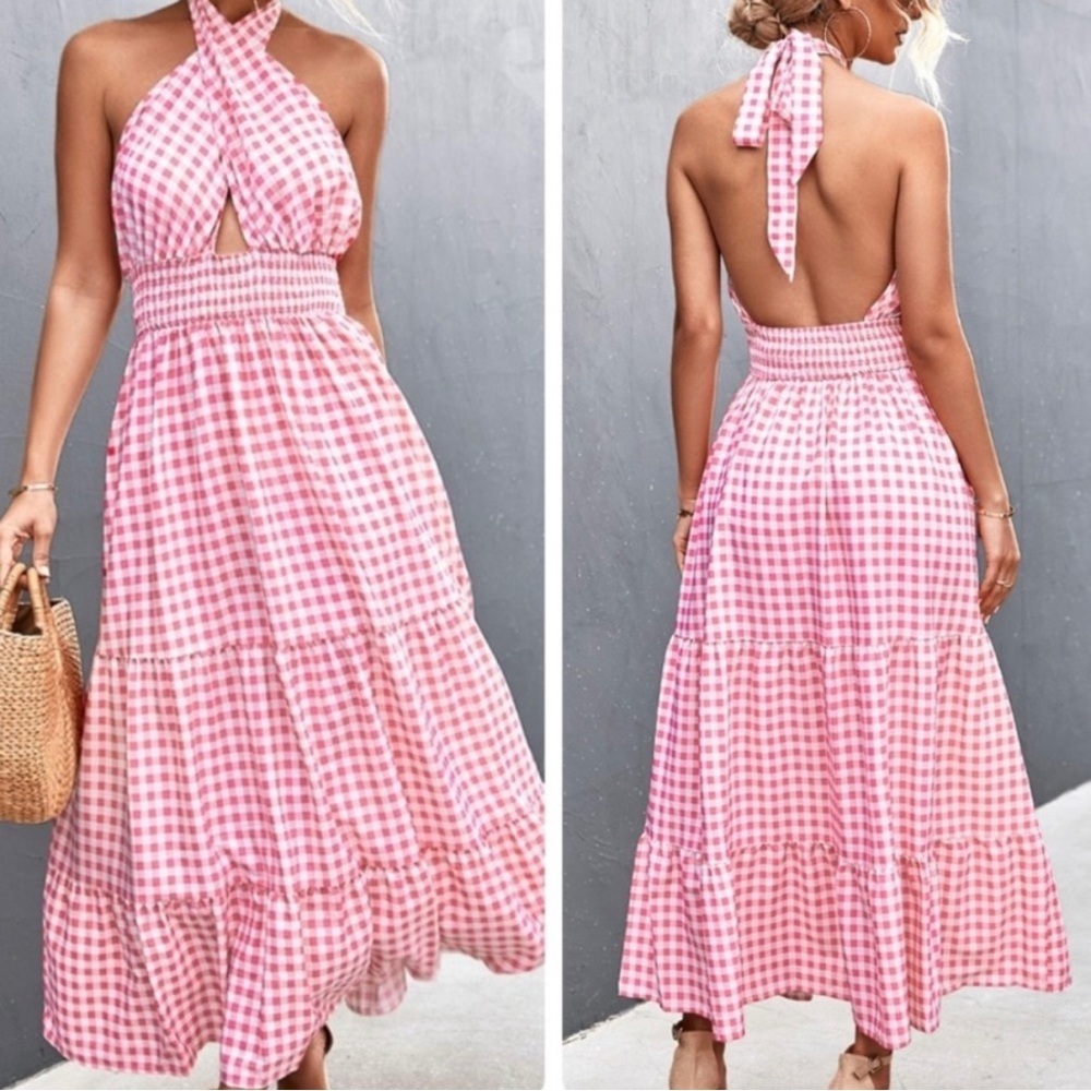 New! Pink Gingham Cross Halter Tiered Maxi Beautiful Dress - Picture 2 of 5